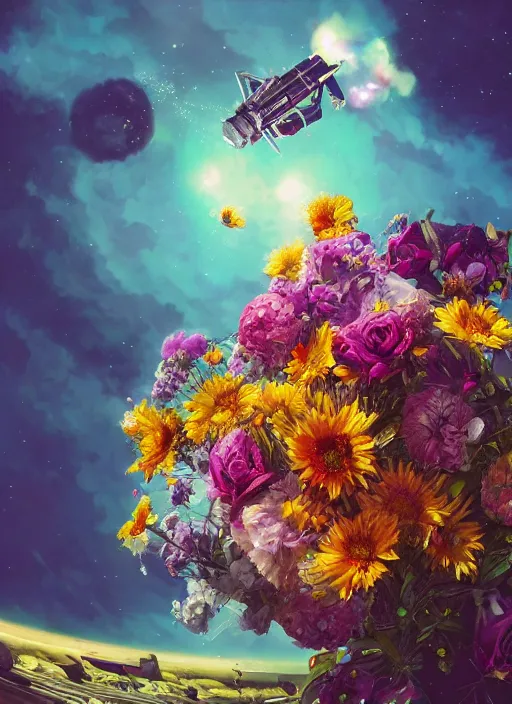 Image similar to An epic fantastic realism comic book style painting of the most beautiful flowers launched into space, bouquets, fisheye lens, unreal 5, DAZ, hyperrealistic, octane render, dynamic lighting