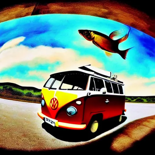 Image similar to a fisheye perspective caricature watercolor painting of a vw volkswagen bus, camper, bulli, type - 2, microbus, kombi, flying towards the camera, jumping at the viewer, dynamic action shot, fish eye lense, frontal, a dramatically erupting vulcano is seen in the background