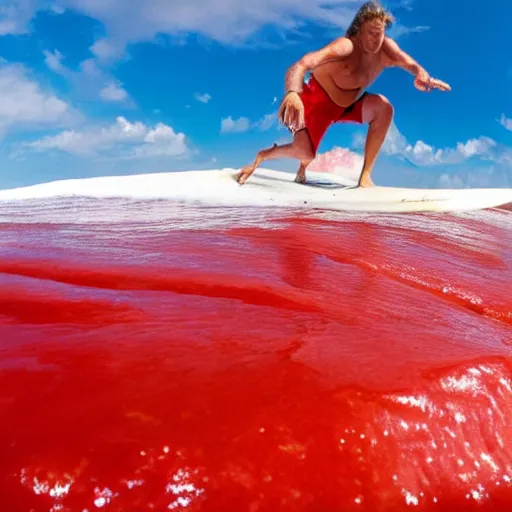 Image similar to a surfer surfing on a large wave of ketchup, through a sea made of ketchup, on a sunny day, 8 k, wide angle photography