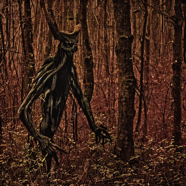 Image similar to bloody wendigo in forest at night, night vision, shot from ground, grainy