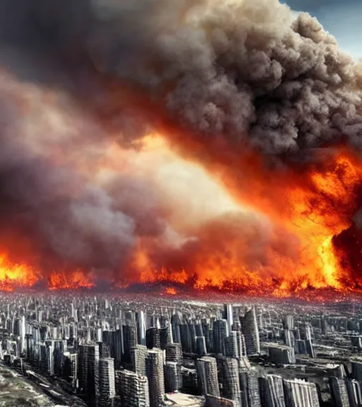 Image similar to Powerful giant destroying city, everything in fire, realistic photo, high detailed