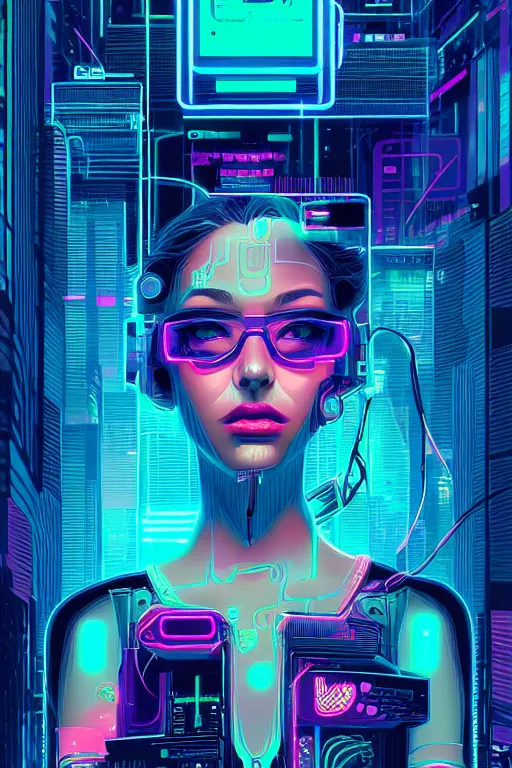 Prompt: dreamy cyberpunk girl, abstract smoke neon, digital nodes, computer network, beautiful woman, detailed acrylic, grunge, intricate complexity, by dan mumford and by kilian eng