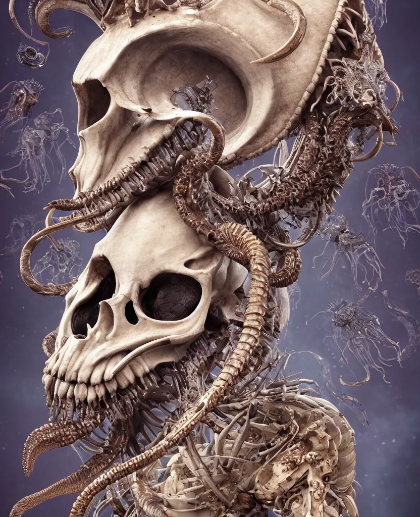 Image similar to close-up macro portrait of the face of a beautiful princess with ram animal skull mask, epic angle and pose, ribcage skeleton symmetrical artwork, 3d with depth of field, blurred background, cybernetic jellyfish female face phoenix bird, translucent, nautilus, energy flows of water and fire. a highly detailed epic cinematic concept art CG render. made in Maya, Blender and Photoshop, octane render, excellent composition, cinematic dystopian brutalist atmosphere, dynamic dramatic cinematic lighting, aesthetic, very inspirational, arthouse. y Greg Rutkowski, Ilya Kuvshinov, WLOP, Stanley Artgerm Lau, Ruan Jia and Fenghua Zhong