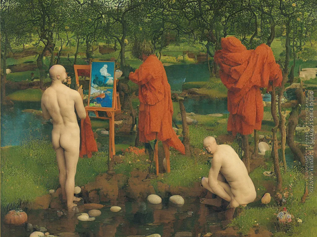 Image similar to Portrait of an artist painting at his easel knee deep in a river. Humanoid rocks, coral-like pebbles, spring orchard in bloom. Painting by Jan van Eyck, Georges de la Tour, Rene Magritte, Jean Delville, Max Ernst