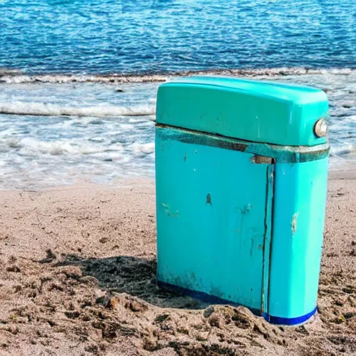 Image similar to blue refrigerator on beach with green sand