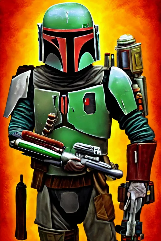 Image similar to portrait of boba fett from star wars, highly detailed, centered, solid color background, digital painting