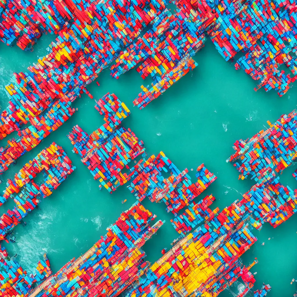 Image similar to colorful construction site with pools of bright blue water, colorful shipping containers, colorful tugboats, birds eye view