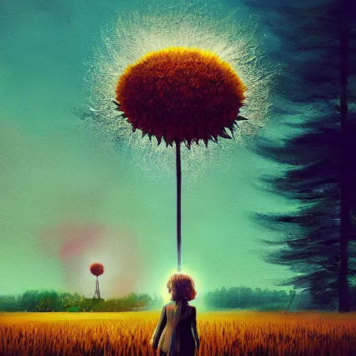 Image similar to giant daisy flower head, standing, a girl in a suit, surreal photography, sunrise, dramatic light, impressionist painting, digital painting, artstation, simon stalenhag