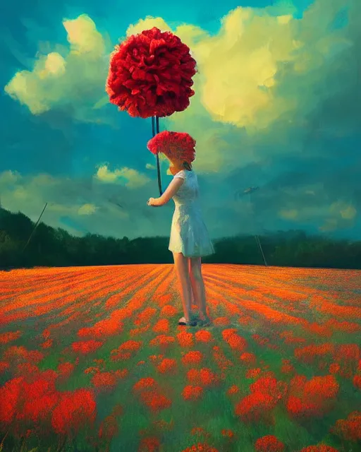 Image similar to girl with a giant carnation head, surreal photography, flower field, sunset dramatic light, impressionist painting, colorful clouds, blue sky, digital painting, artstation, simon stalenhag