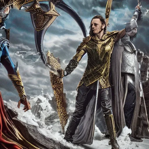 Image similar to the norse god king banishing loki from valhall, dramatic, highly detailed, cinematic, 4 k