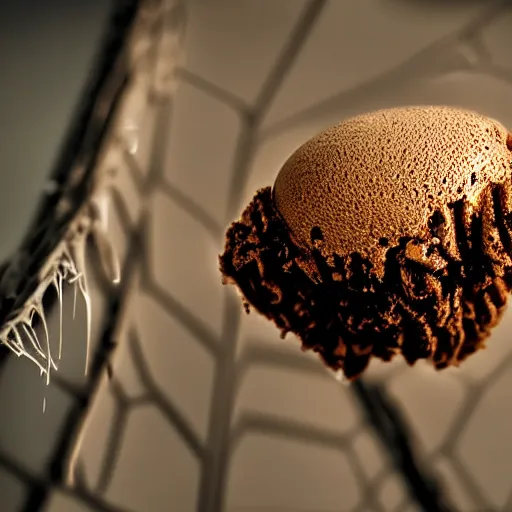 Image similar to detailed, textured photograph of a levitating chocolate ice cream cone with huge, hairy spider body at the cone's bottom. dramatic, golden light. realistic photograph.