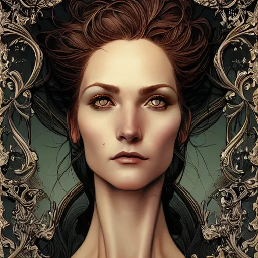 Image similar to a beautiful detailed front view portrait of a woman with ornate growing around, ornamentation, artgerm, joshua middleton comic cover art,