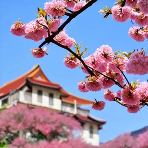 Image similar to japanese cherry blooming underneath the tesanj fortress