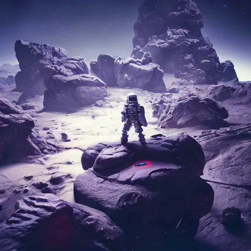 Prompt: an space soldier investigating skeleton of an alien on an dead world full of rocks, award winning, trending on artstation, unreal engine