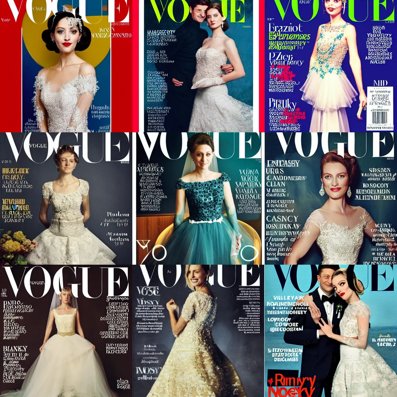 Prompt: Zelensky in a fancy bride dress on the cover of the Vogue magazine