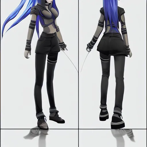 Image similar to 3 d modelling reference of an anime video game character. free download for artists. front, back and side view.