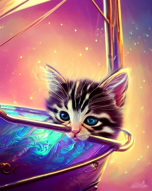 Image similar to cute kitten inside an ornate sail boat of iridescent liquid, alchemy, shiny plastic, intricate, bloom, detailed, volumetric lighting, sharp focus, photorealism, digital painting, highly detailed, concept art, by by artgerm and wlop