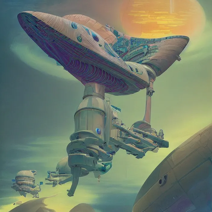 Prompt: tropical spacecraft, science fiction, extremely detailed, pastel colors, intricate, hard light, illustration, volumetric lighting, digital painting, by roger dean, by santiago calatrava, by simon stalenhag