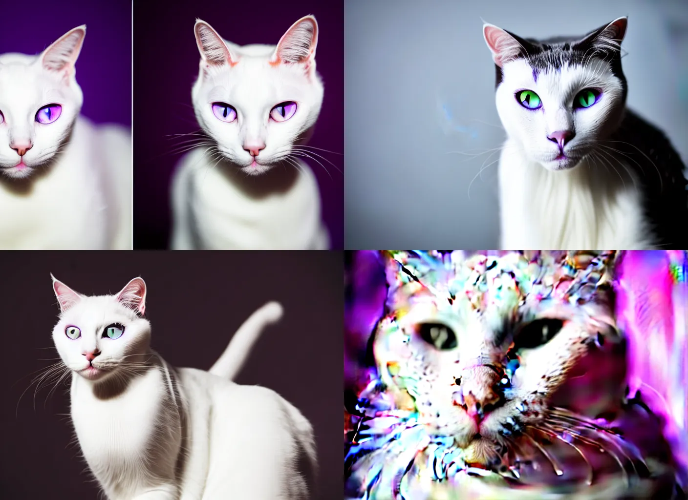 Prompt: photo still of white cat purple eyes, 8 k, studio lighting bright ambient lighting key light, 8 5 mm f 1. 8