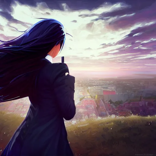 Image similar to low - angle shot from behind of a long blue - haired girl in a tailcoat overlooking demacia, combat boots, noir, screenshot, sharp focus, intricate, illustration, cell shaded, digital painting, highly detailed, straight hair, art by ilya kuvshinov, wlop, greg rutkowski, studio quality, james jean