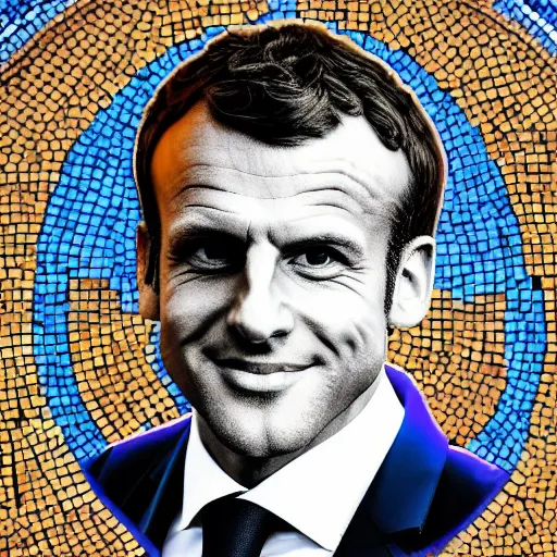 Image similar to portrait mosaic of Emmanuel macron with robot eyes, 4k, intricate details, digital, sun in the background