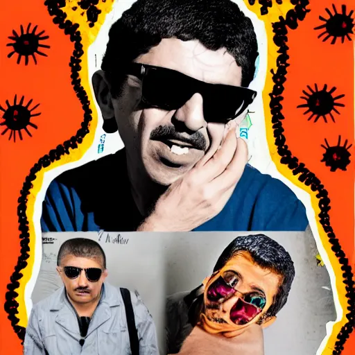 Prompt: omar souleyman in sunglasses, in the style of daniel johnston and outsider art, 4k, collage with arabic text