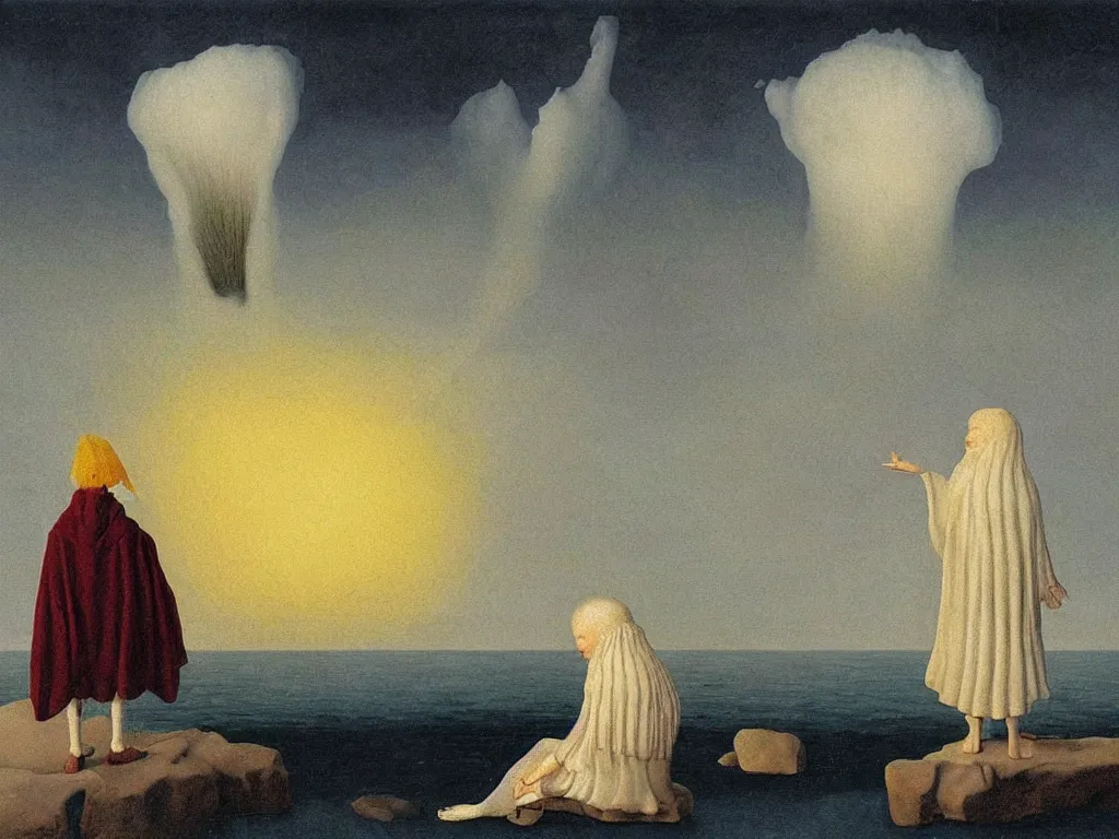 Image similar to albino mystic, with his back turned, with beautiful exotic Urchin looking at a island being engulfed, flooded by a tsunami giant wave. Painting by Jan van Eyck, Audubon, Rene Magritte, Agnes Pelton, Max Ernst, Walton Ford