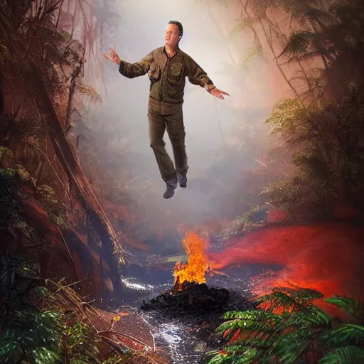 Image similar to Tom Hanks as forrest roasint a giant shrimp over a fire in the jungle, realistic digital painting, in the style of Aleksi Briclot, photoreailstic, realistic face, amazing detail, sharp