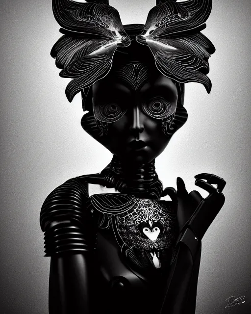 Image similar to surreal mythical dreamy dark artistic black and white fine art 3 / 4 fashion portrait photo of a young beautiful delicate female robot - owl with orchid - doll face, rim light, cinematic, studio dramatic light, poetic, masterpiece, octane render, 8 k, photo - realistic by gustave dore hg giger tamara de lempika