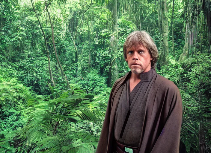 Prompt: luke skywalker at the new jedi temple, surrounded by jungle in the background. detailed portrait photo of faces. Photographed with Leica Summilux-M 24 mm lens, ISO 100, f/8, Portra 400