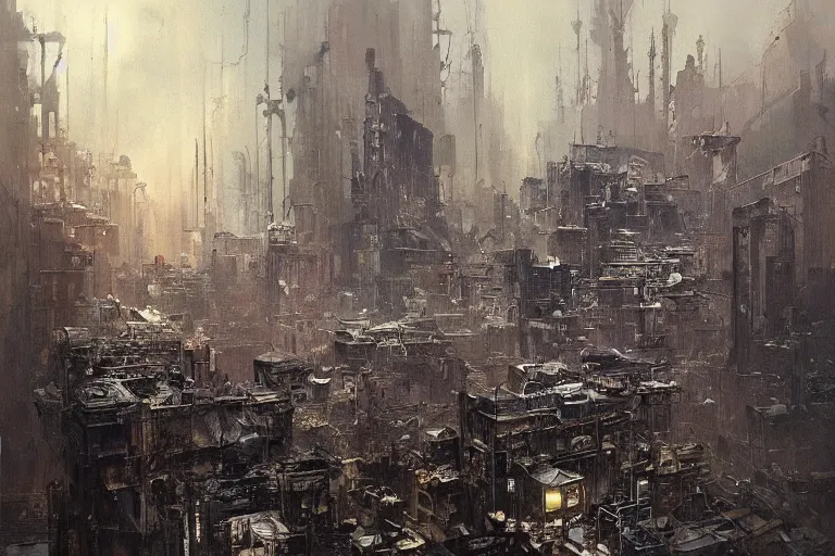Prompt: a highly detailed chaotic bleak cityscape by denis forkas