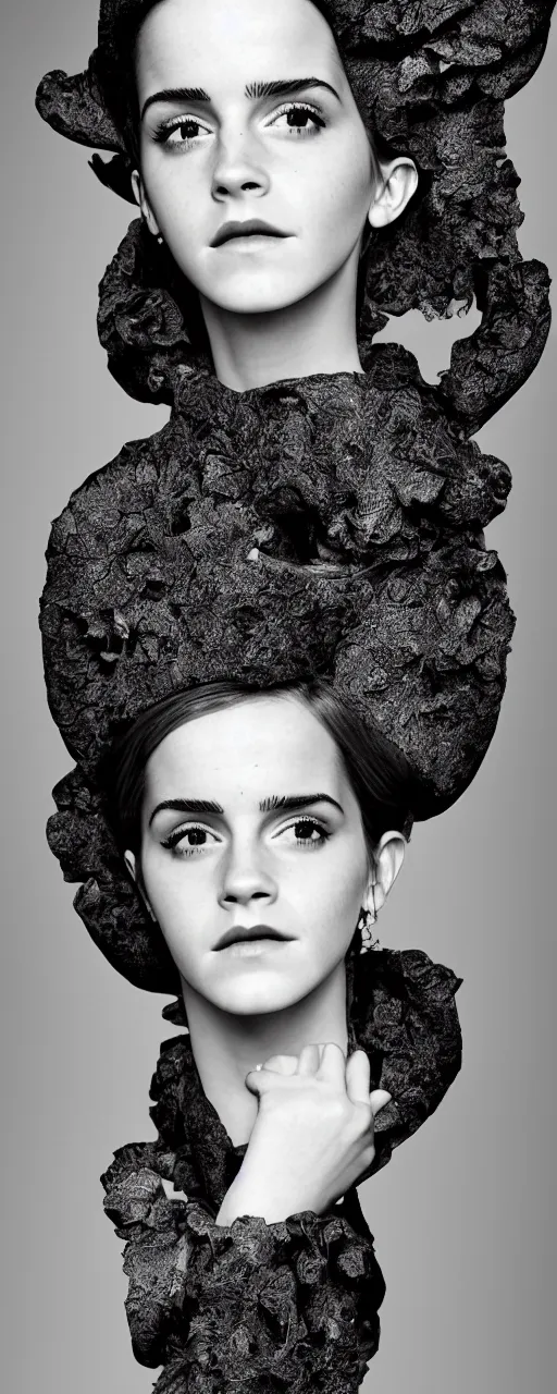 Image similar to Emma Watson closeup face with pouting lips, shoulders very long hair hair wearing an oversized Beret, wearing a mandelbrot fractal biomechanical sculpture mask, elegant Vogue fashion shoot by Peter Lindbergh fashion poses detailed professional studio lighting dramatic shadows professional photograph by Cecil Beaton, Lee Miller, Irving Penn, David Bailey, Corinne Day, Patrick Demarchelier, Nick Knight, Herb Ritts, Mario Testino, Tim Walker, Bruce Weber, Edward Steichen, Albert Watson
