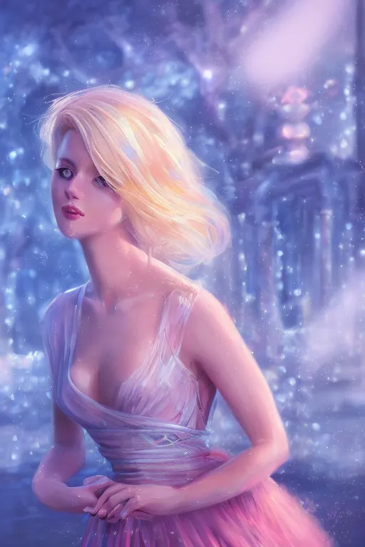 Prompt: detailed portrait of a beautiful blonde haired woman with sparkling blue eyes, elegant, blue cotton dress, background is a fountain in the park, in the style of peter mohrbacher, artgerm, dramatic lighting and composition, pink fog background, octane render, trending on artstation, concept art 8 k