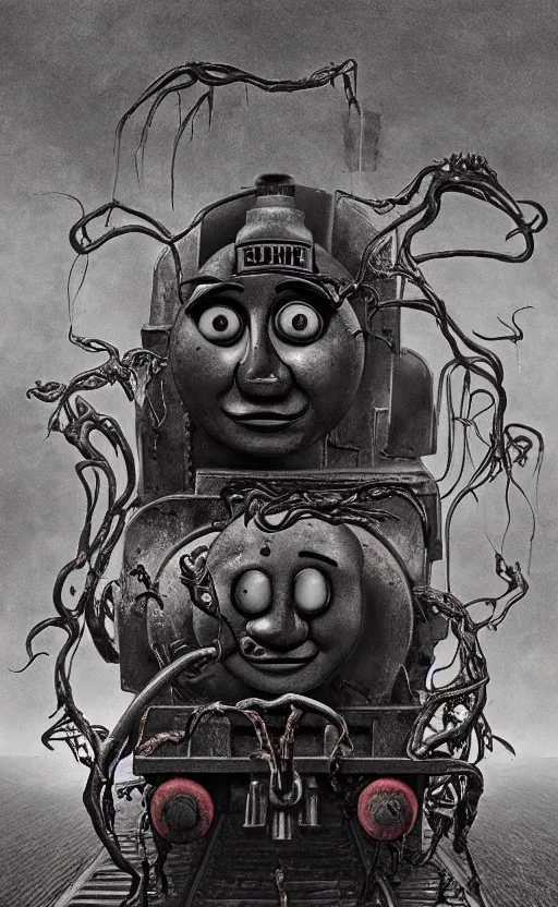 Image similar to thomas the tank engine in style of zdzisław beksinski, extremely dramatic lighting, 8 k, tendrils, black, darkness, black slime tendrils, infected, rust, body horror, thomas the train, thomas the tank engine face, horror,