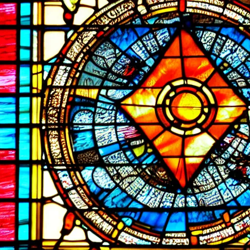 Prompt: nuclear bomb exploding in a city in a stained glass window, hyper realistic, accurate colors, close up, symmetrical, 4 k, highly ornate intricate details,