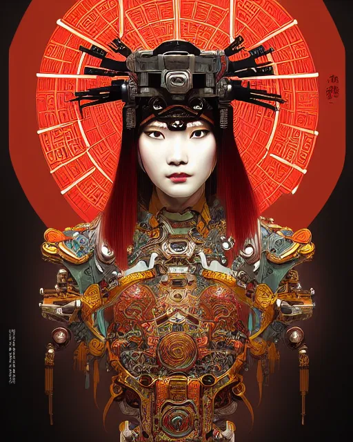 Image similar to portrait of a cyberpunk machine, machine face, upper half portrait, decorated with chinese opera motifs, asian, fine china, wuxia, traditional chinese art, intricate, elegant, highly detailed, symmetry, headpiece, digital painting, artstation concept art smooth sharp focus, illustration, art by artgerm and greg rutkowski alphonse mucha 8 k