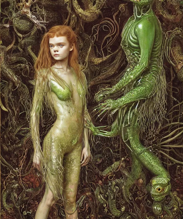 Prompt: a portrait photograph of a fierce sadie sink as an alien harpy queen with slimy amphibian skin. she is trying on a glowing bulbous infected slimy organic membrane parasite dress and transforming into an insectoid amphibian. by donato giancola, walton ford, ernst haeckel, brian froud, hr giger. 8 k, cgsociety