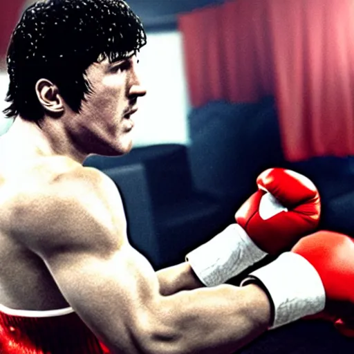 Prompt: rocky balboa playing playstation!!! video game console