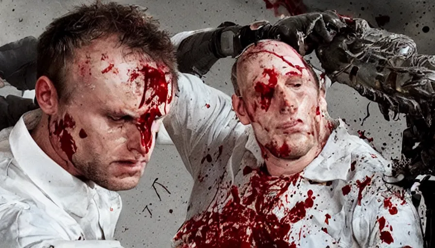 Image similar to big budget action movie about dead scientist's bloody head wound