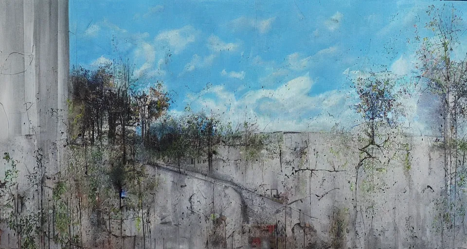 Image similar to an endless flat world of concrete, overgrown with vegetation, blue sky with clouds, beautiful painting, oil on canvas, by Ewa Czarniecka, award winning masterpiece,