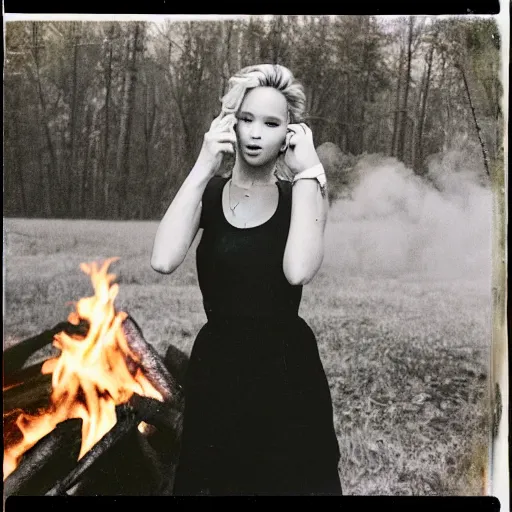 Prompt: polaroid shot of jennifer lawrence smoking at a campfire