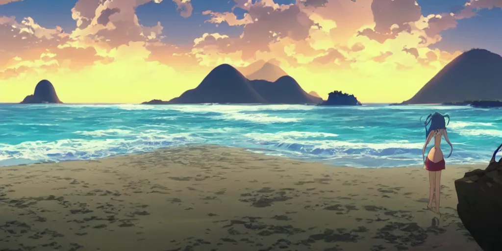 Prompt: a beach in rio de janeiro in an anime film, directed by makoto shinkai, cinematic, key visual, highly detailed, sharp focus