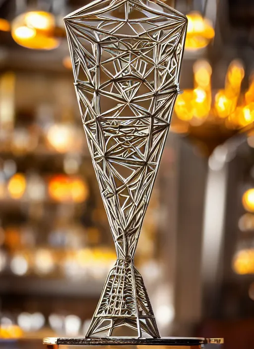 Prompt: a tall reflective very symmetrical biomechanical polyhedral 3 d printed steel ornate, intricate, engineering trophy at a high end bar in golden afternoon light, professional food photography