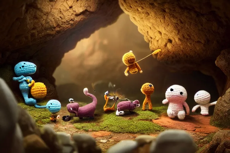 Image similar to an expedition of crochet cute animals discovering a new cave underground. cute, illustration, digital art, inspired by little big planet, by greg rutkowski, detailed, sharp, masterpiece, highly detailed, photorealistic, octane render, 8 k, unreal engine 5, trending on artstation, vivid colors