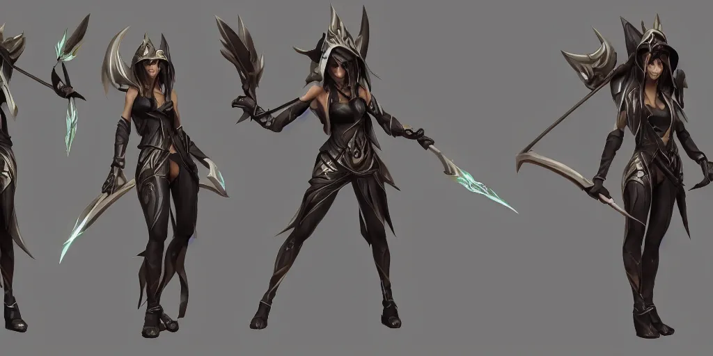 Image similar to Character sheet of coven Akali (League of Legends). 3d render, octane render, game art, realistic, highly detailed, trending on artstation, 4k, trending on artstation, pixar, cgsociety, unreal engine 5, redshift render, trending on artstation, blender, behance, cg