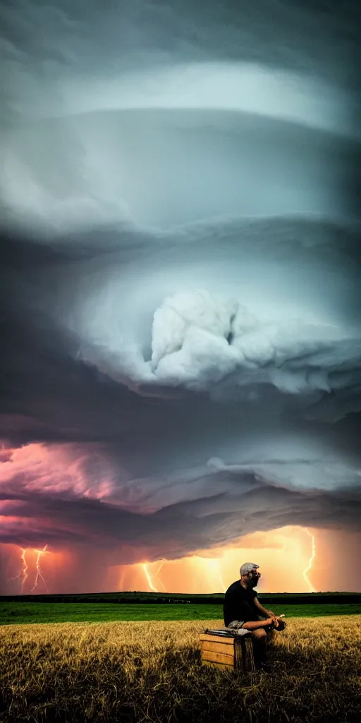 Image similar to a man resting smoking a joint at the end of the world, a supercell storm dark and brooding far away in the distance, open farming fields the foreground during sunset, by stephen king, storm of all storms, end of the world, nature, cinematic, hyperrealistic, evil, dark, cgsociety, 8 k