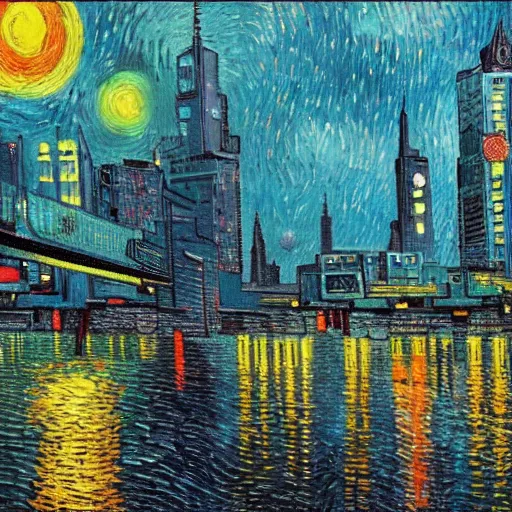 Prompt: painting of a cyberpunk city with high tech and flying cars in the style of vincent van gogh