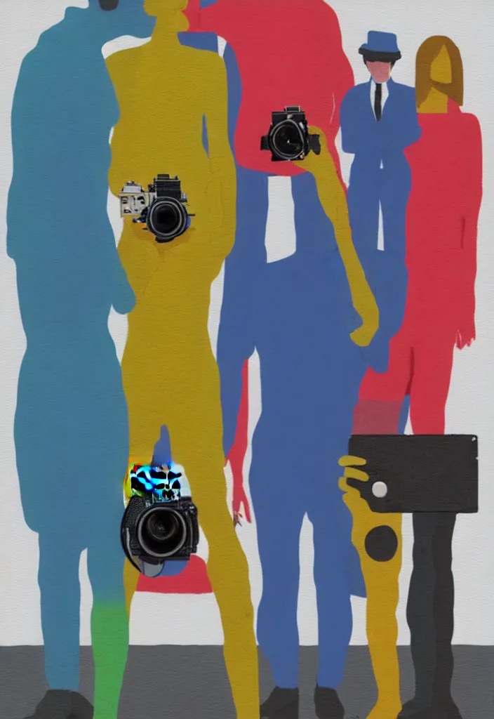 Image similar to full body portrait of a trio of european tourists with nikon cameras, various poses shooting photos, character designs painting, in the style of wes anderson, rene magritte, lola dupre, david hockney, isolated on white background, dark monochrome neon spraypaint accents volumetric octane render