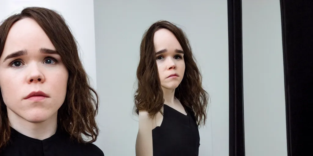Image similar to ultra wide angle photo of ellen page dressed in a white blouse and black dress pants looks at herself in a bathroom mirror and sees her reflection as a male version of her self
