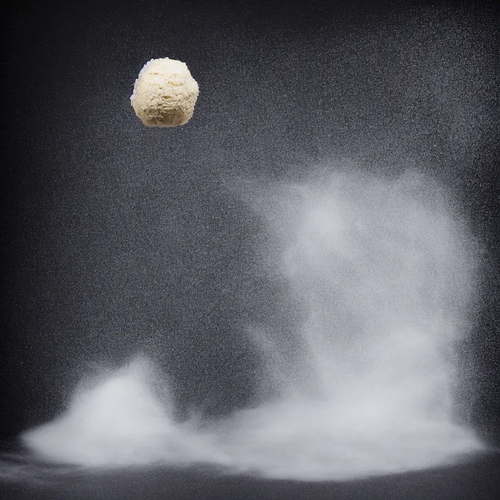 Prompt: a ball of dough floating in the air on a black background, flour dust spray, backlit, high quality action photography, studio photo, 50mm